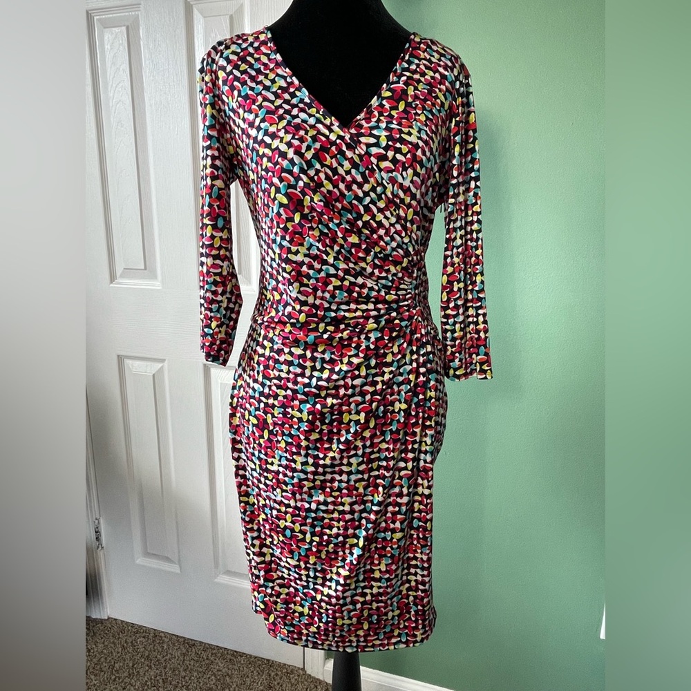 Laundry by Design Faux Wrap Dress Geometric Print Ruched Waist Hidden Side Zip S